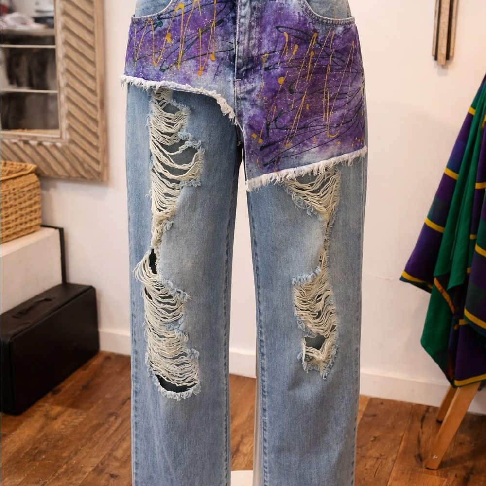 Distressed Blue and Purple Women's Jeans-  custom painted